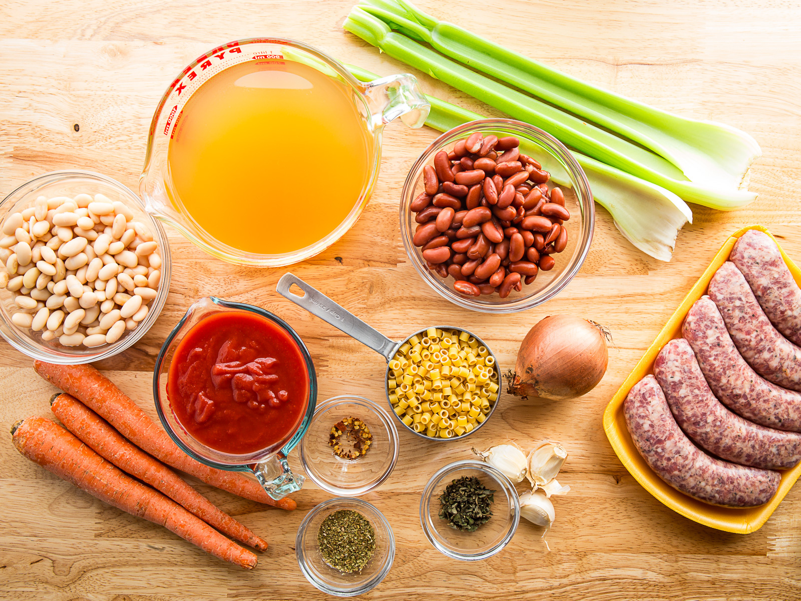 Ingredients for pasta e fagioli on the counter.