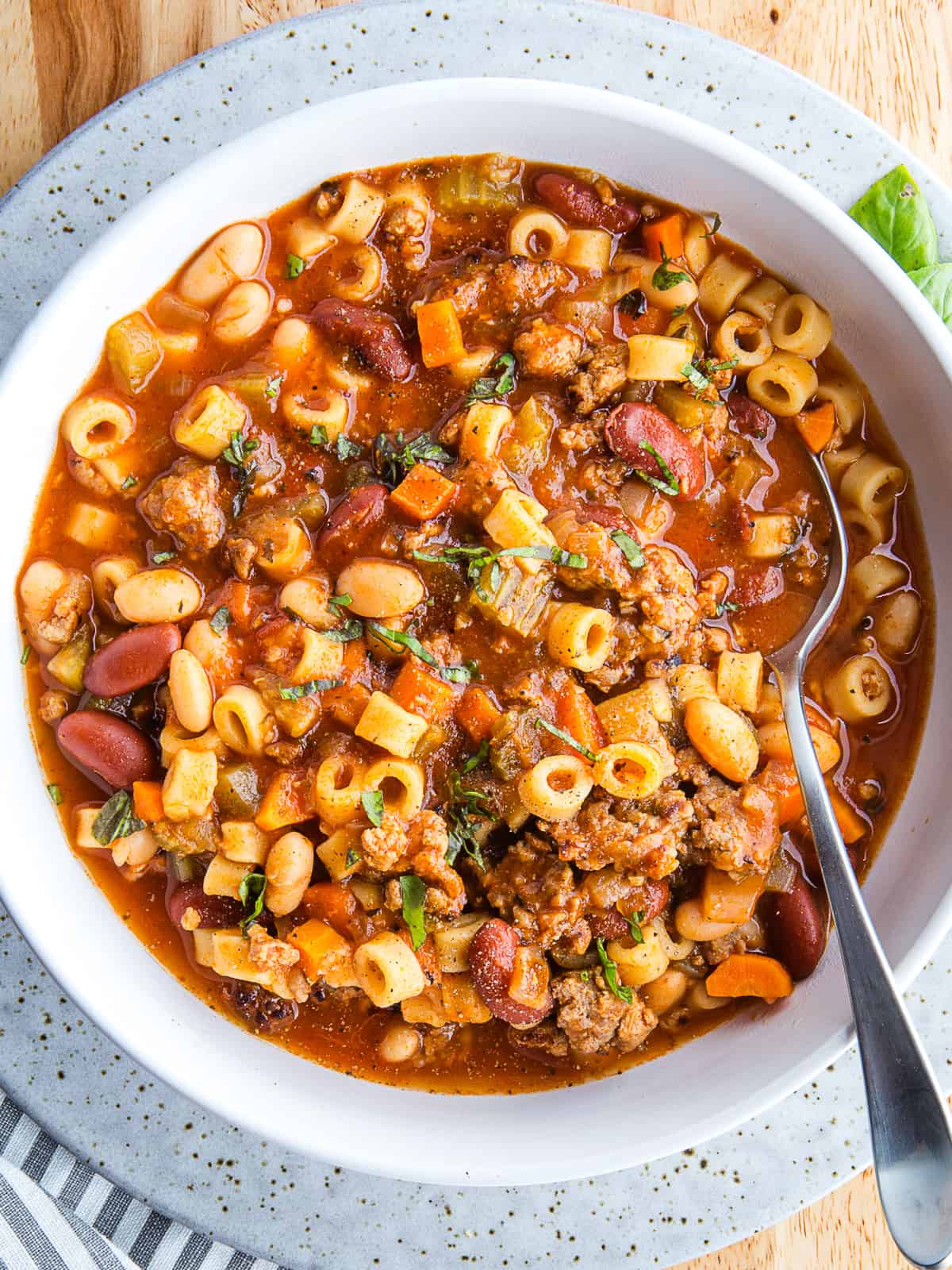 Bowl of instant pot pasta e fagioli.