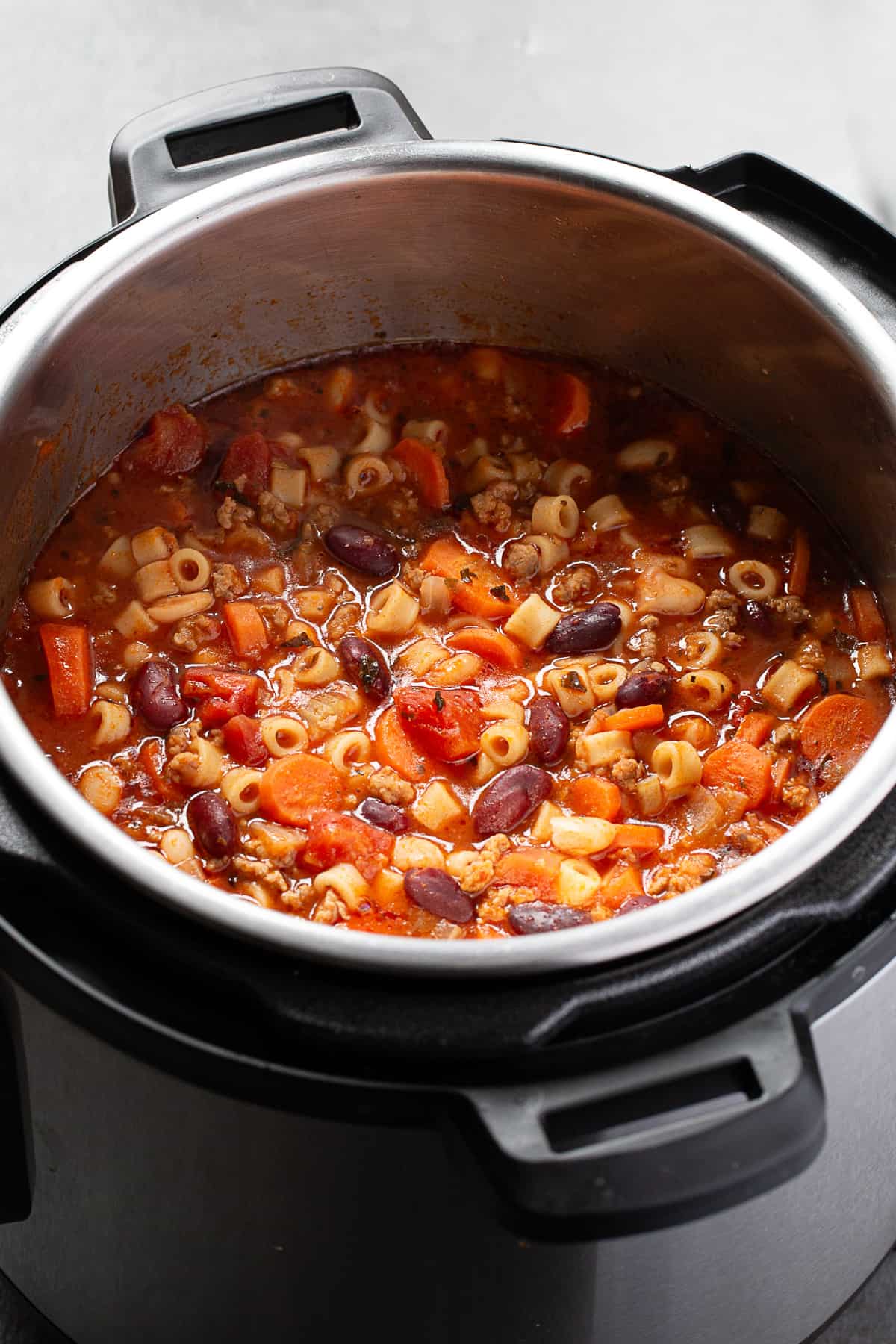 Pasta e Fagioli cooked in an Instant Pot pressure cooker.