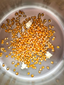 Popcorn kernels in a large pot. Three of the kernels have popped.