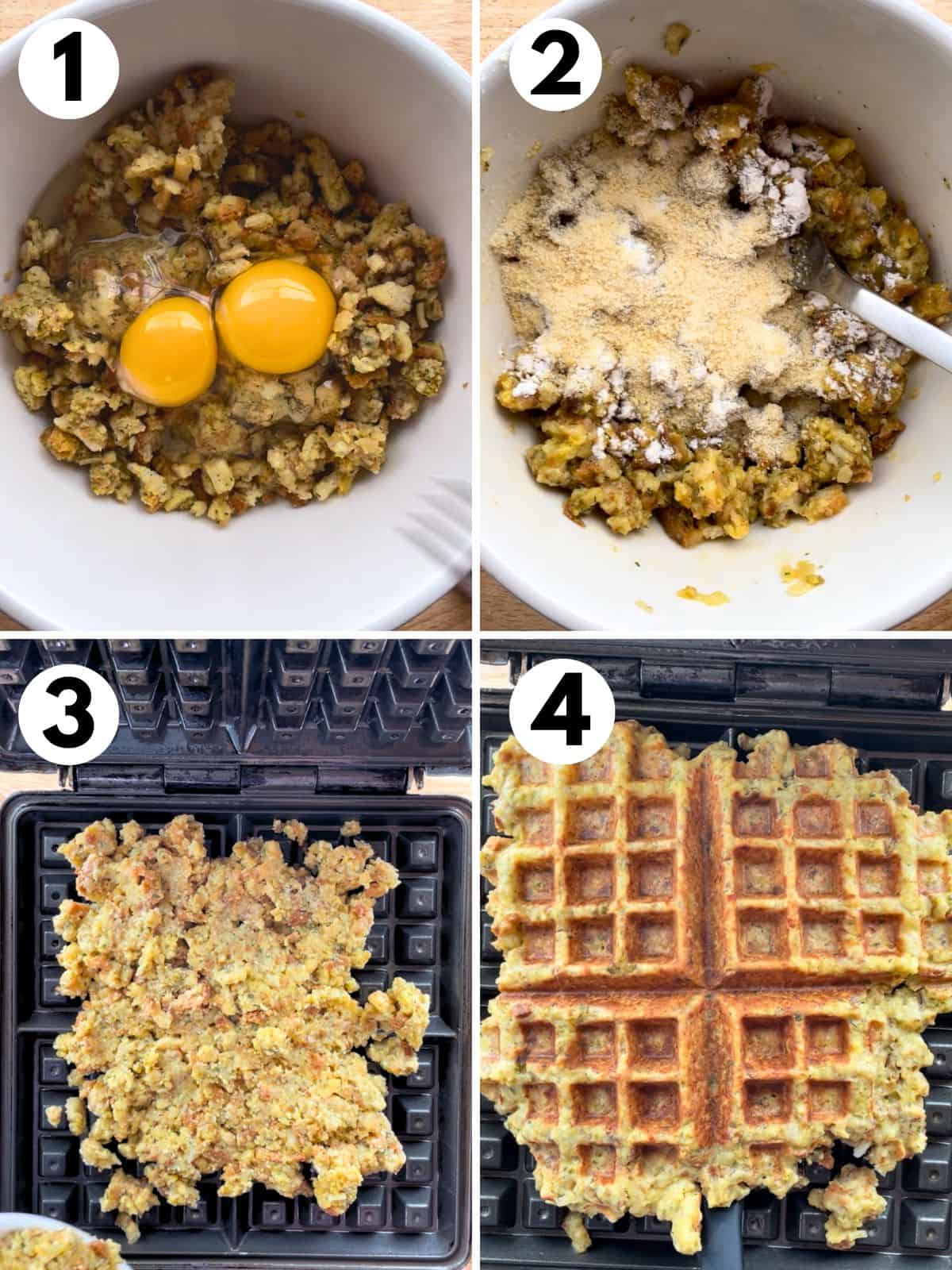 1. Leftover stuffing with eggs. 2. Leftover stuffing with flour and Parmesan on top. 3. Waffle mixture in the hot iron. 4. Cooked stuffing waffles.