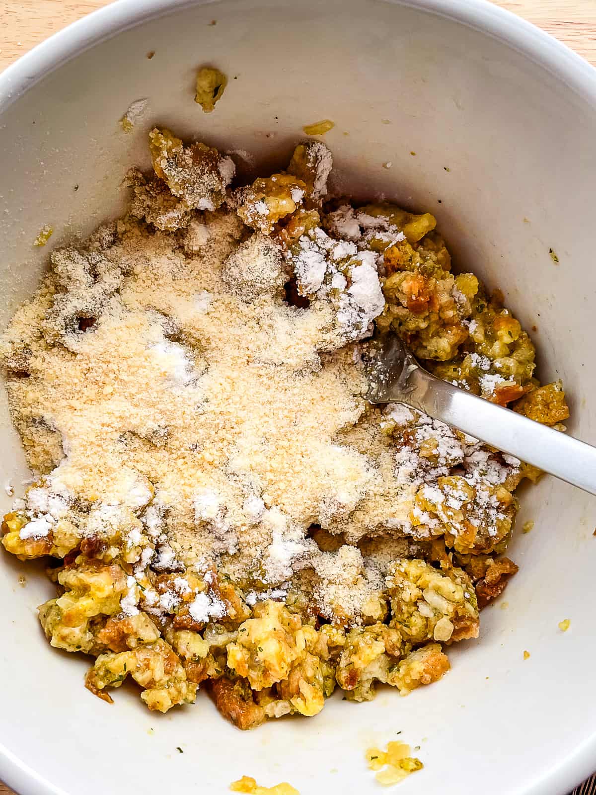 Ingredients for stuffing waffles in a mixing bowl.