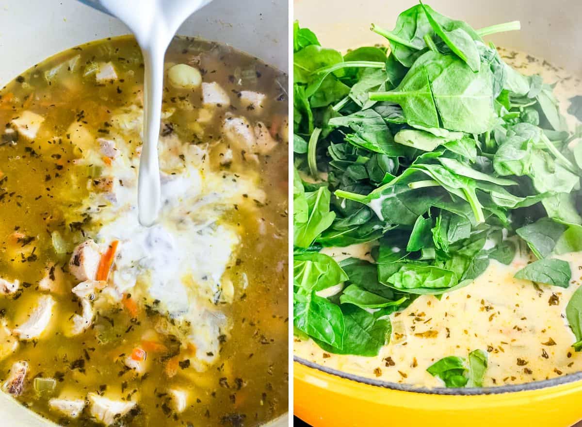 Two images showing adding half and half and fresh spinach to chicken and gnocchi soup.