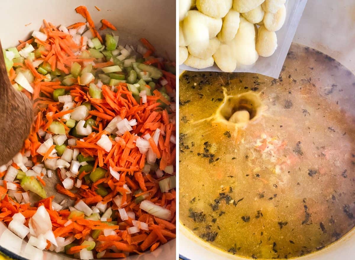 Two images showing cooking vegetables and adding gnocchi to chicken and gnocchi soup.