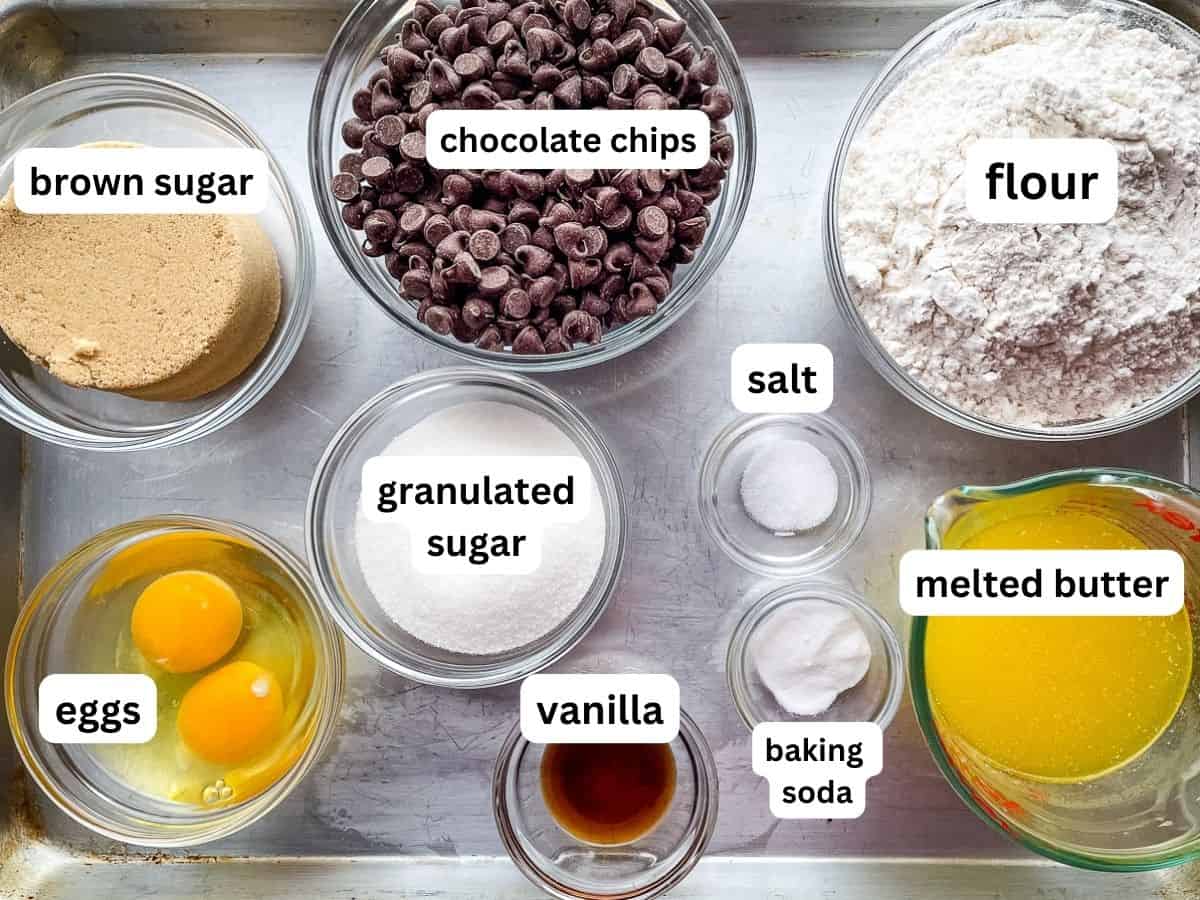 Ingredients for chocolate chip cookie bars.