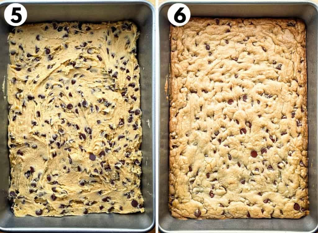 (left) Chocolate chip cookie dough pressed into a pan.(right) Chocolate chip cookie bars baked.