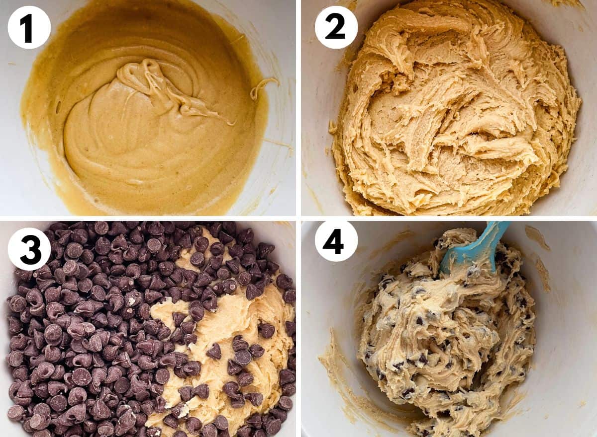 Four steps showing chocolate chip cookie bar dough being mixed. 1. Butter, sugars, and eggs. 2. Dough. 3. Adding chocolate chips. 4. Dough with chocolate chips mixed into it.