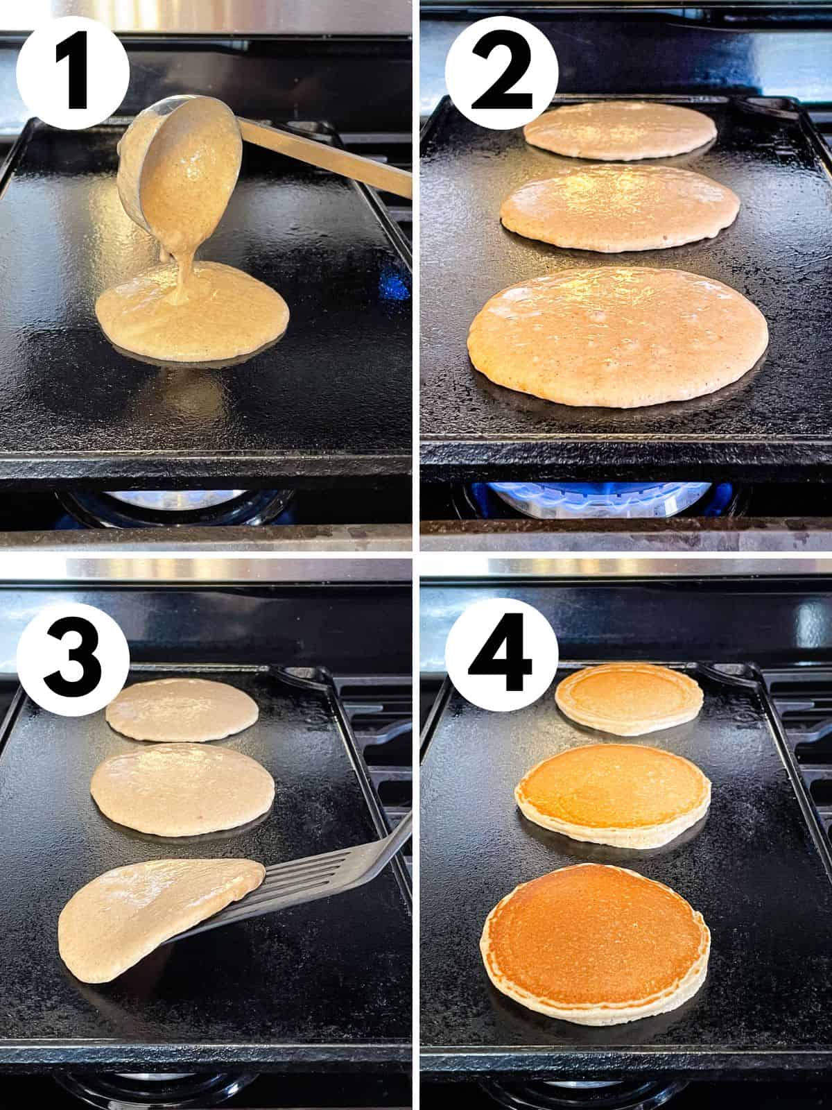 Four images showing pouring oat flour pancake batter on a griddle. The pancakes cooking. A pancake being flipped and three cooked pancakes.