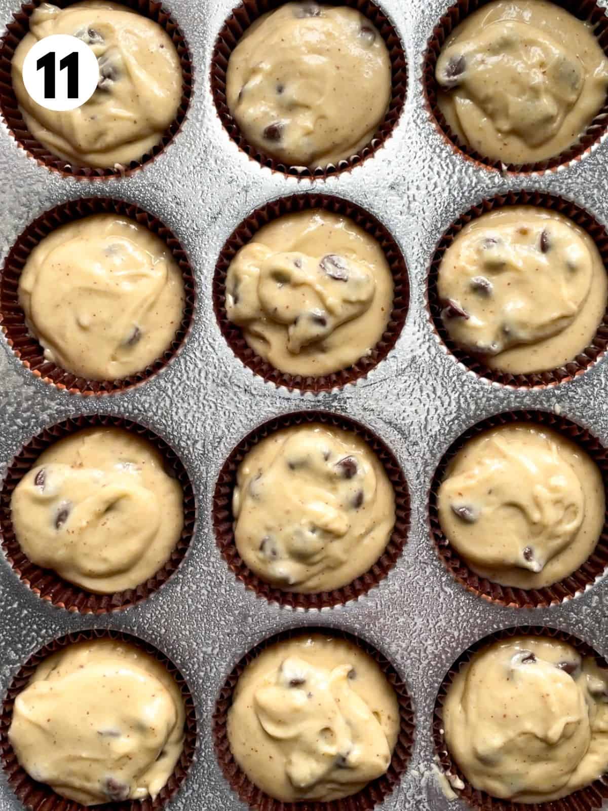 Brown butter chocolate chip muffin batter in the pan with brown liners.