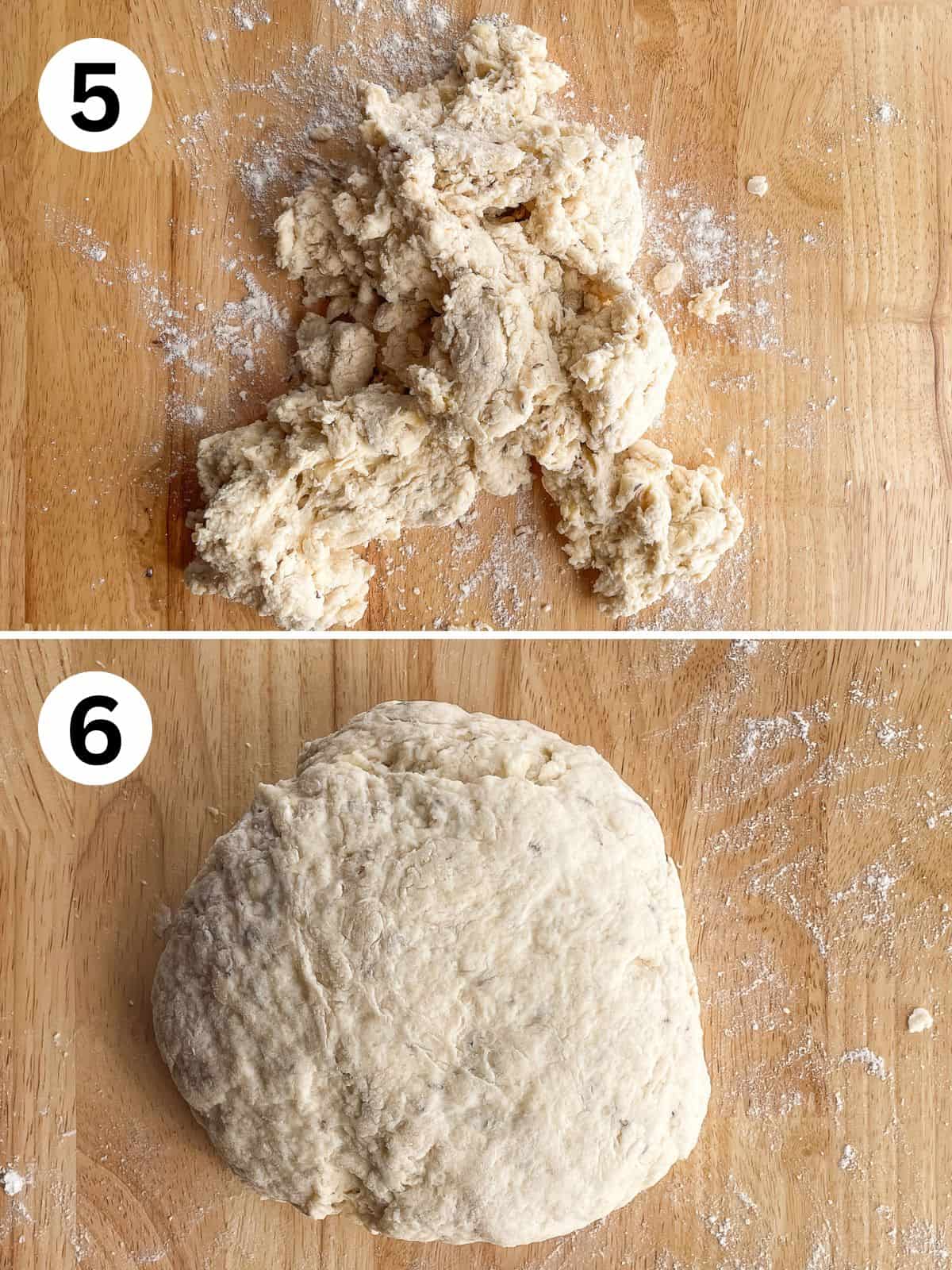 Top image: Caraway Irish soda bread dough on counter. Bottom image: the dough shaped into a round.