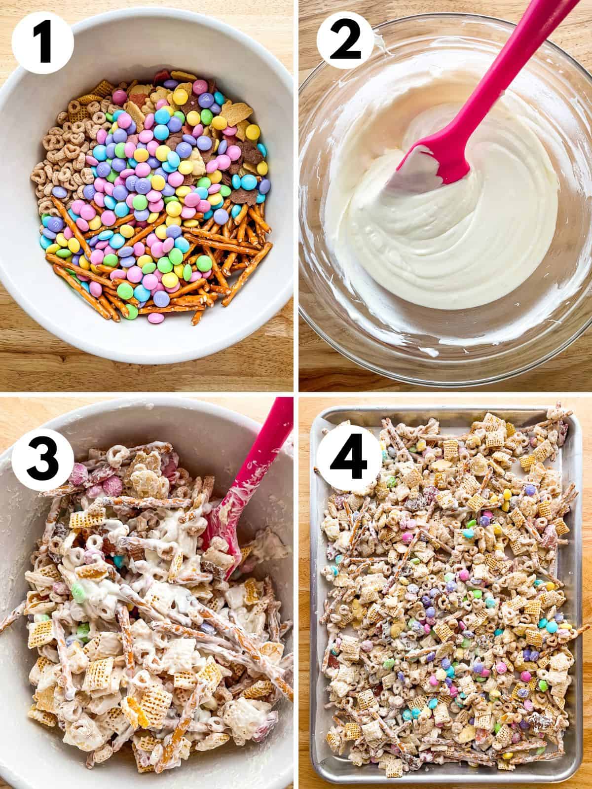 Four steps for making bunny bait. 1. Mixing the cereal, pretzels, candy, and cookies. 2. Melted white chocolate in a bowl. 3. Cereal mixture coated with white chocolate. 4. Bunny bait spread onto a sheet pan.