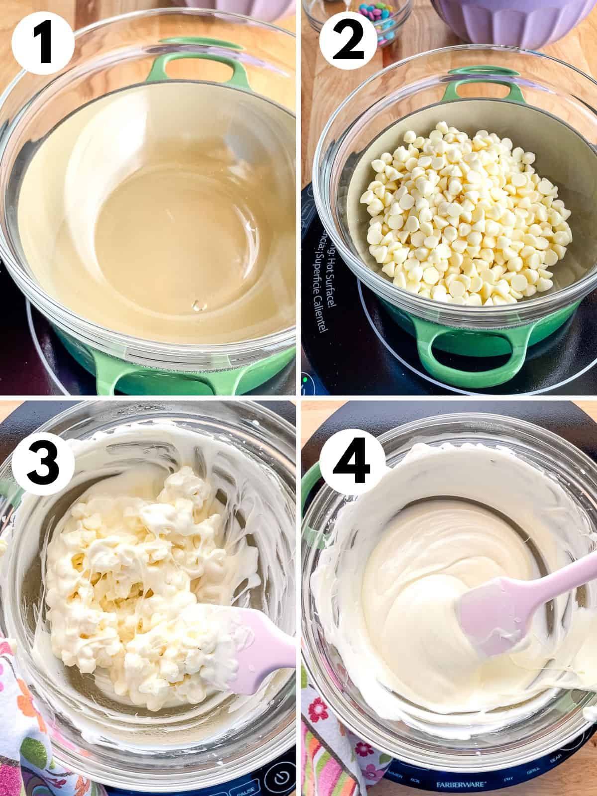 Steps for melting white chocolate. 1. Empty double boiler bowl. 2. White chocolate chips in the top of a double boiler. 3. Stirring the white chips as they start to melt. 4. Melted white chocolate chips.