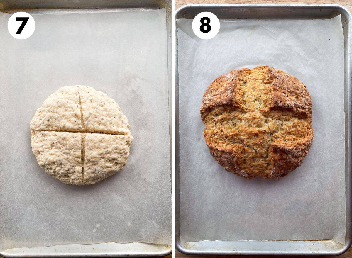 Left: unbaked caraway soda bread on a baking sheet. Right: Baked bread on a pan.