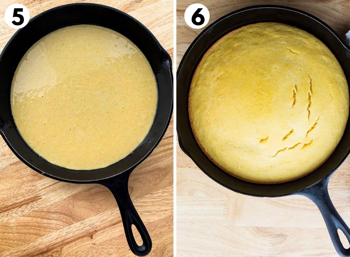(left) Cornbread batter in cast iron skillet. (right) cornbread baked in skillet.