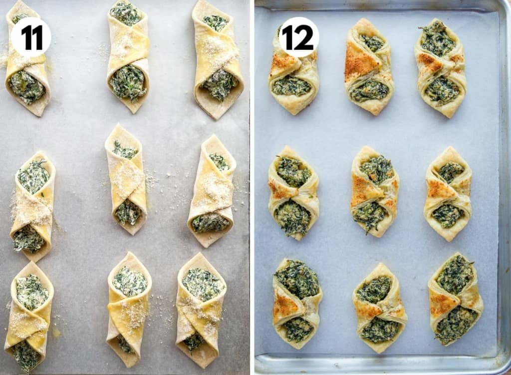 (left) Unbaked spinach puff pastry. (right) Baked spinach puff pastry.