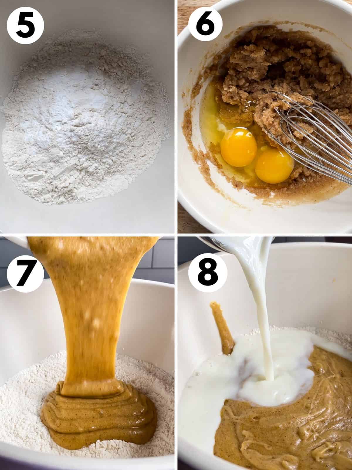 Mixing brown butter muffin batter. Whisking the dry ingredients. Mixing the brown butter with eggs. Adding the brown butter and sugar to the dry ingredients. Pouring the milk into the batter.