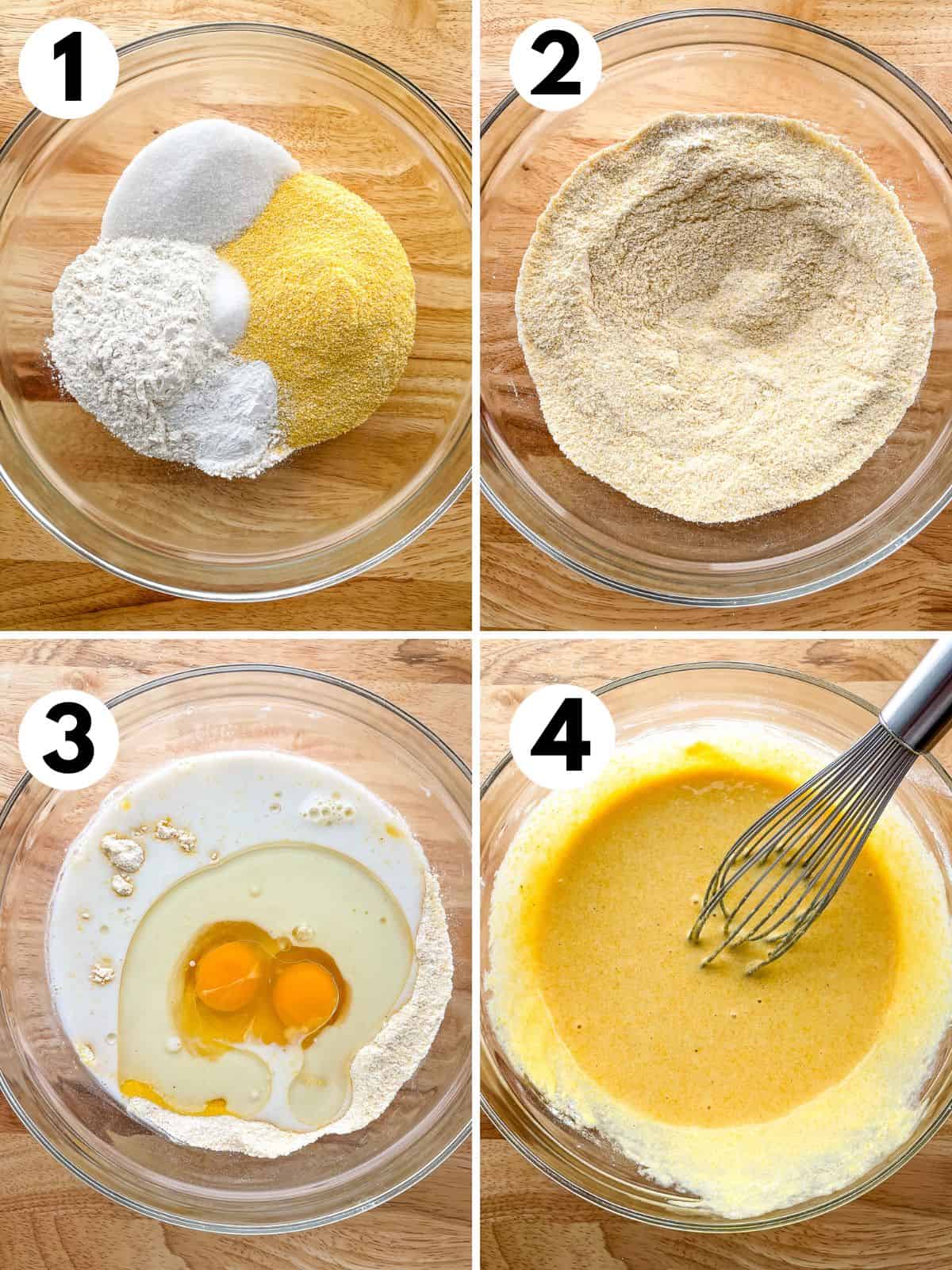 The four steps for mixing skillet cornbread batter. 1. Dry ingredients in the bowl. 2. Dry ingredients whisked. 3. Adding wet ingredients. 4. Skillet cornbread batter.
