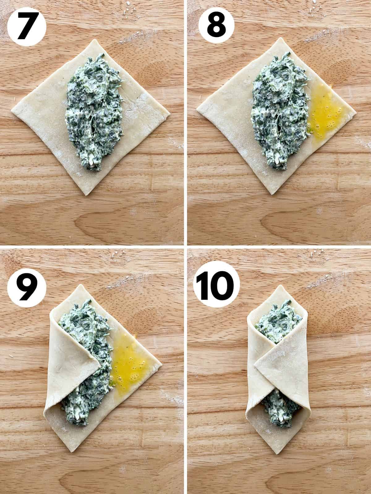 Filling spinach puff pastry. 7. Filling on puff pastry. 8. Egg wash on right edge of pastry. 9. Folding pastry over filling. 10. Two edges of filling folded over pastry.
