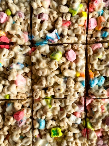 Closeup of Lucky Charms crispy treats.