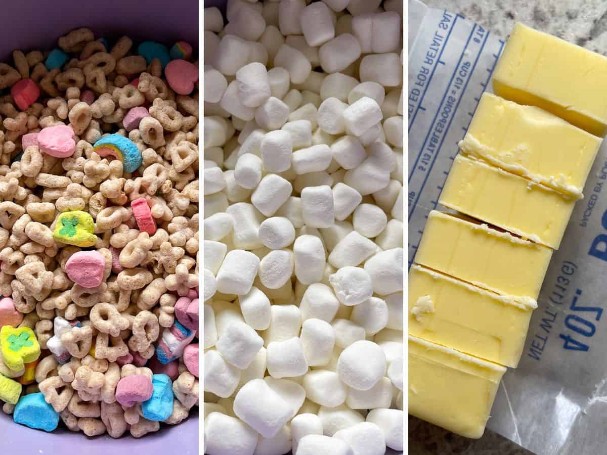 Ingredients for Lucky Charms Crispy Bars. Lucky charms. Marshmallows. Butter cut into 6 pieces.