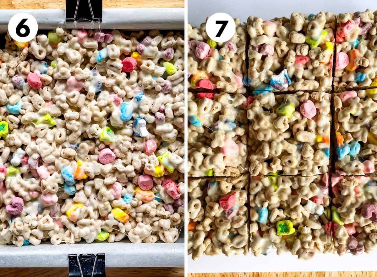 (left) Lucky Charms treats cooling in the pan. (right) Lucky Charms treats cut into 9 pieces.
