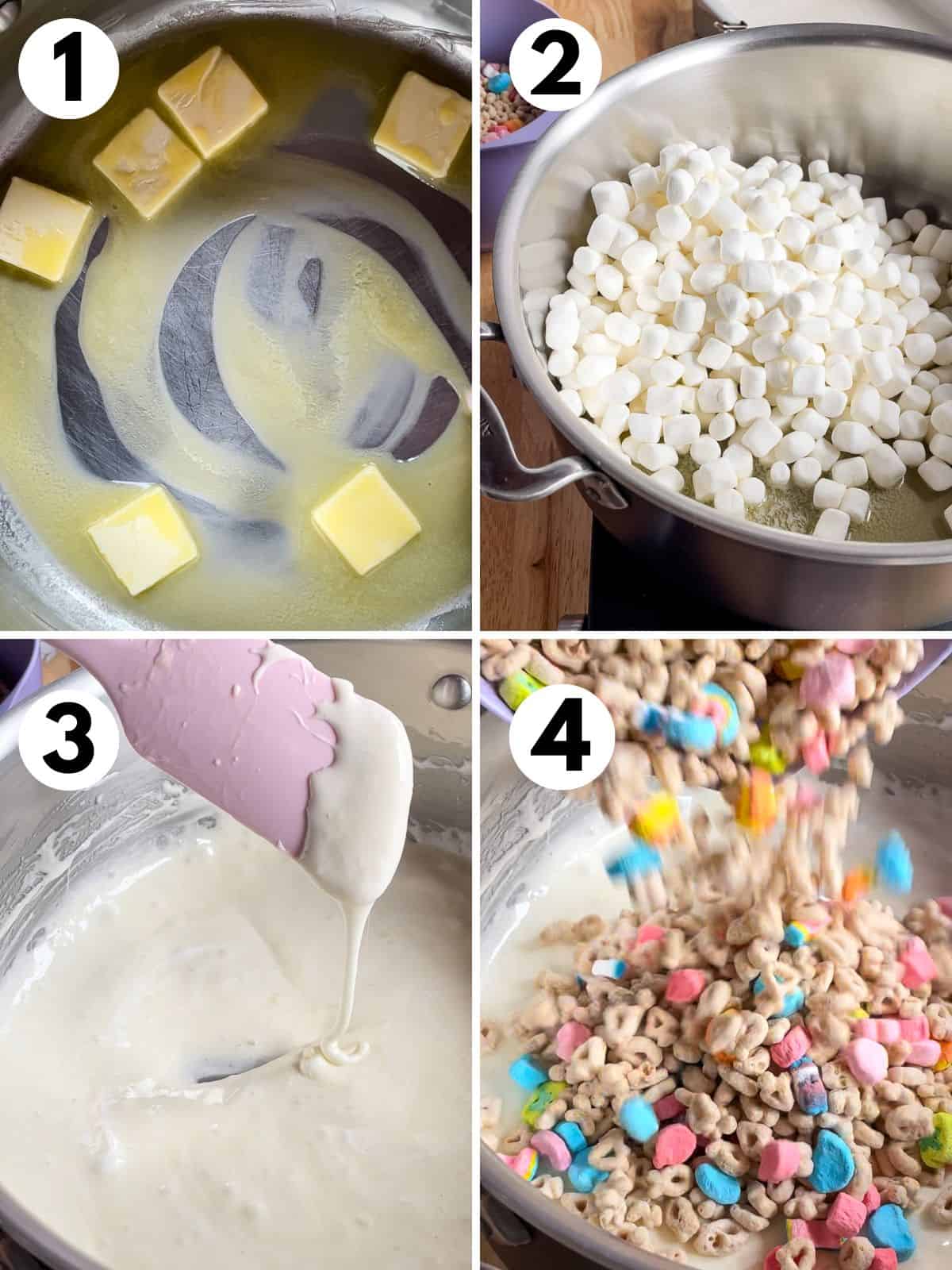 The first four steps for making lucky treats bars. 1. Melting the butter in a large pot. 2. Adding the marshmallows. 3. Melted marshmallows being stirred by a pink rubber spatula. 4. Adding Lucky Charms to the melted marshmallows.
