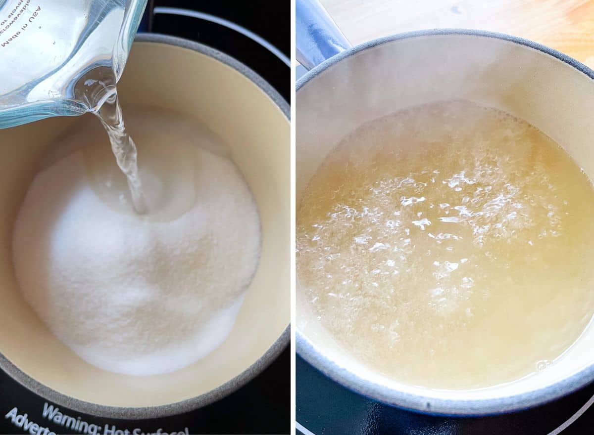 Side-by-side images of making homemade simple syrup. On left, pouring water onto granulated sugar in a small pot. On right, simple syrup boils.