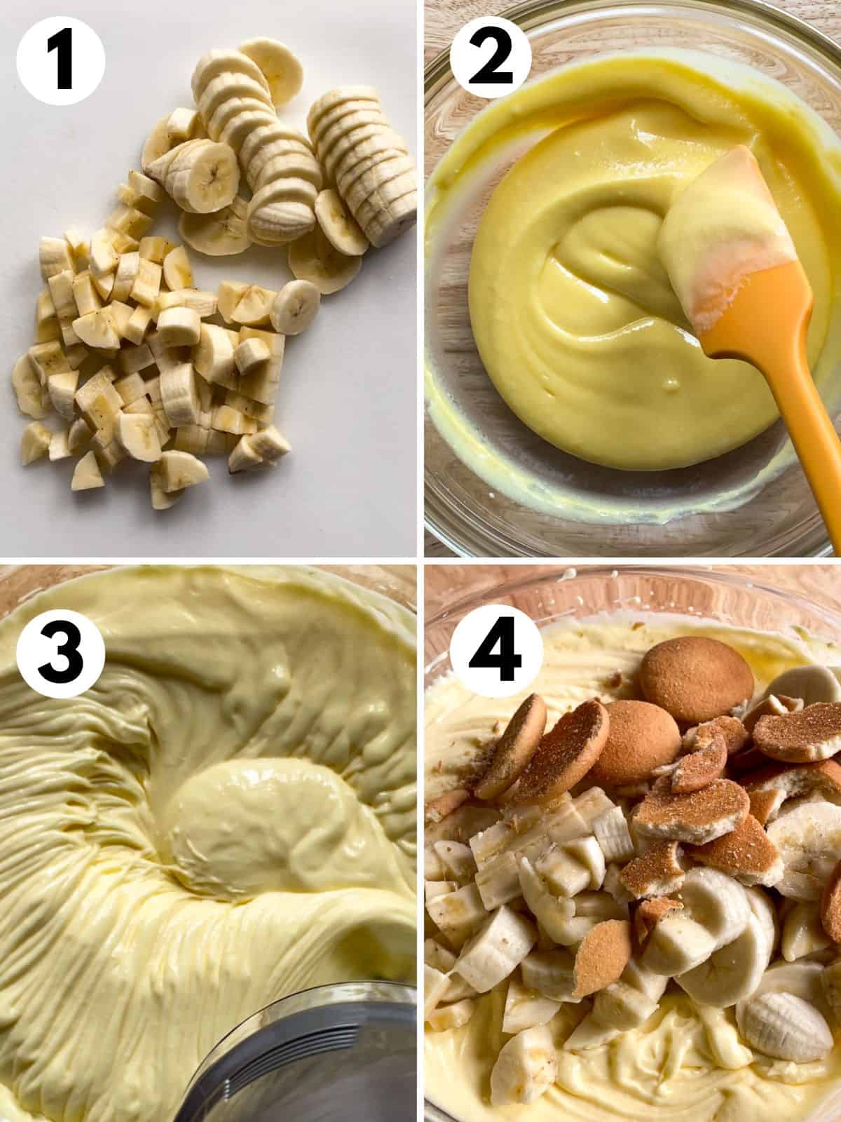 1. Sliced bananas. 2. Pudding in a bowl. 3. Whipped pudding. 4. Vanilla wafers and banana slices sit on top of pudding.