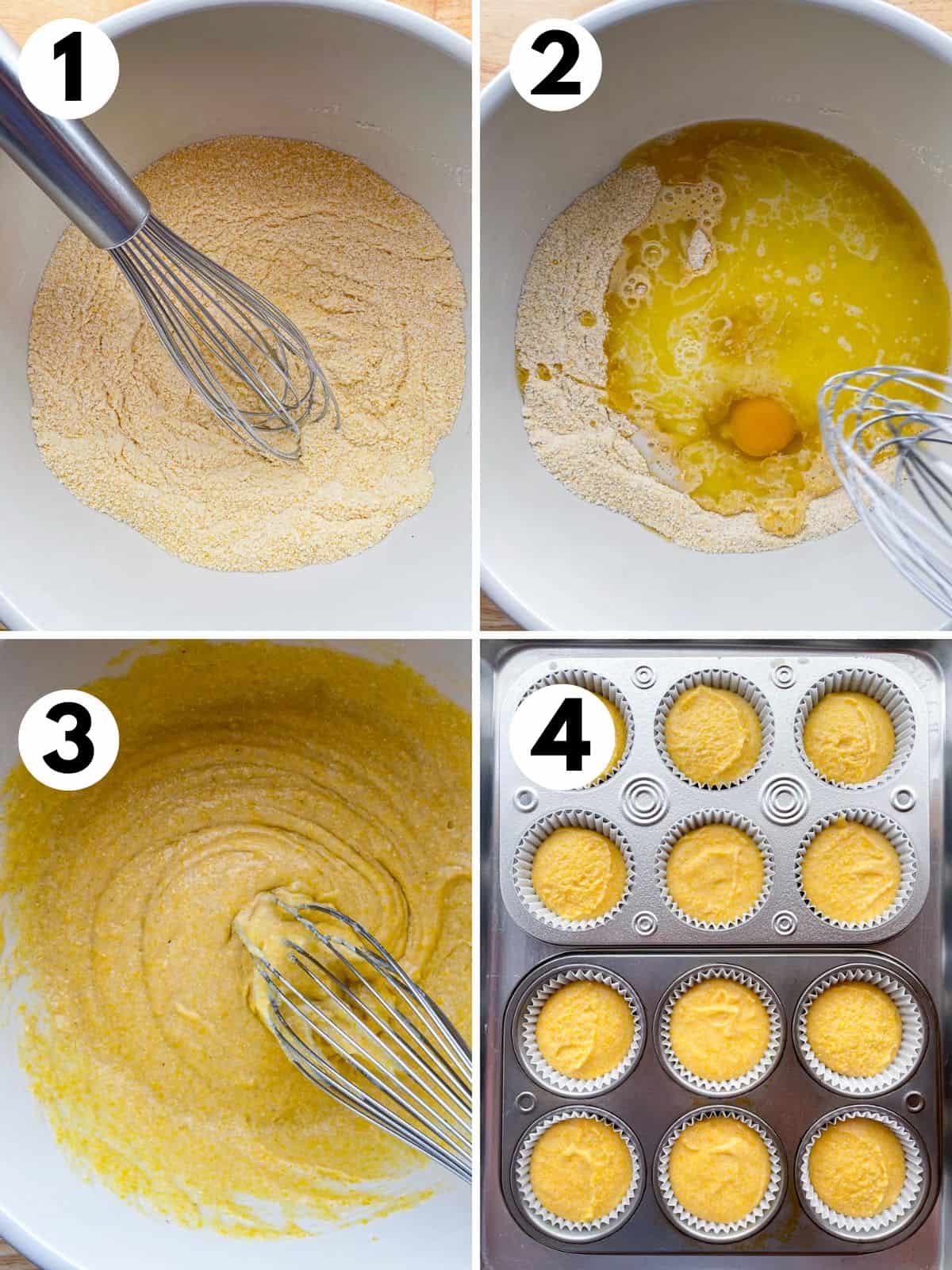 The steps for making corn muffins. 1. Dry ingredients are whisked in a large bowl. 2. The eggs, melted butter, and milk are added. 3. The batter is mixed with a whisk. 4. Batter is in paper-lined muffin pans.