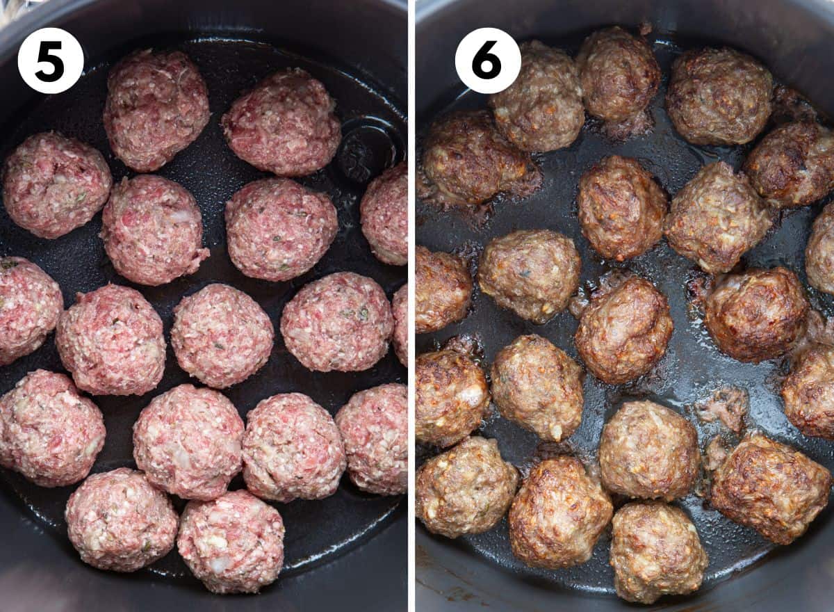 Side-by-side image of unbaked and baked meatballs in an air fryer basket.