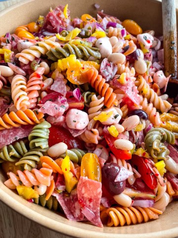 Mixing bowl filled with antipasto salad.