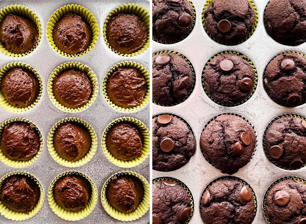 Chocolate banana muffins. (left) Batter in cupcake pans. (right) Baked muffins in pan.