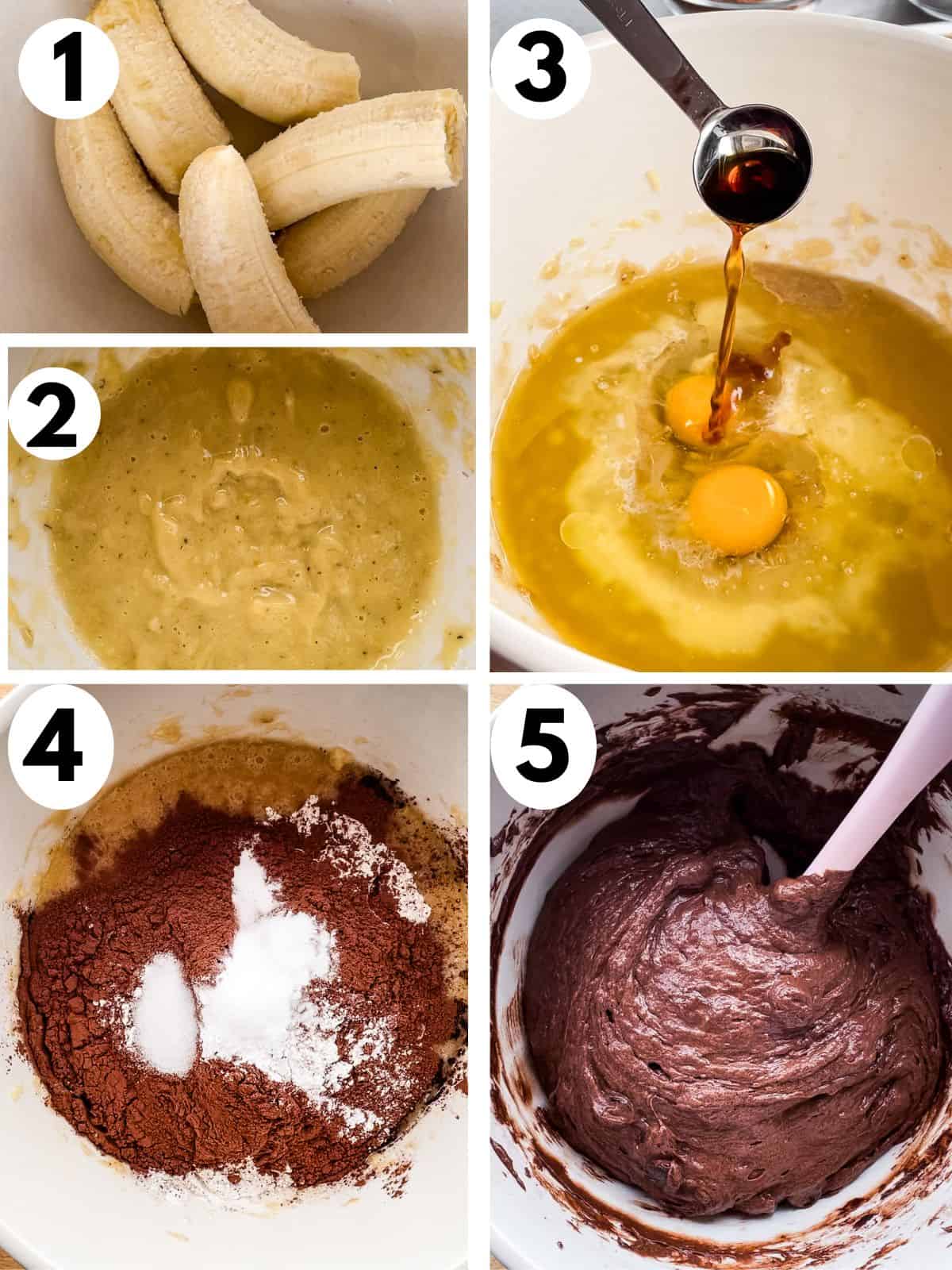 Steps for making chocolate banana muffin batter. 1. Ripe bananas in bowl. 2. Mashed bananas. 3. Adding butter, eggs, and vanilla extract. 4. Adding dry ingredients. 5. Batter mixed.