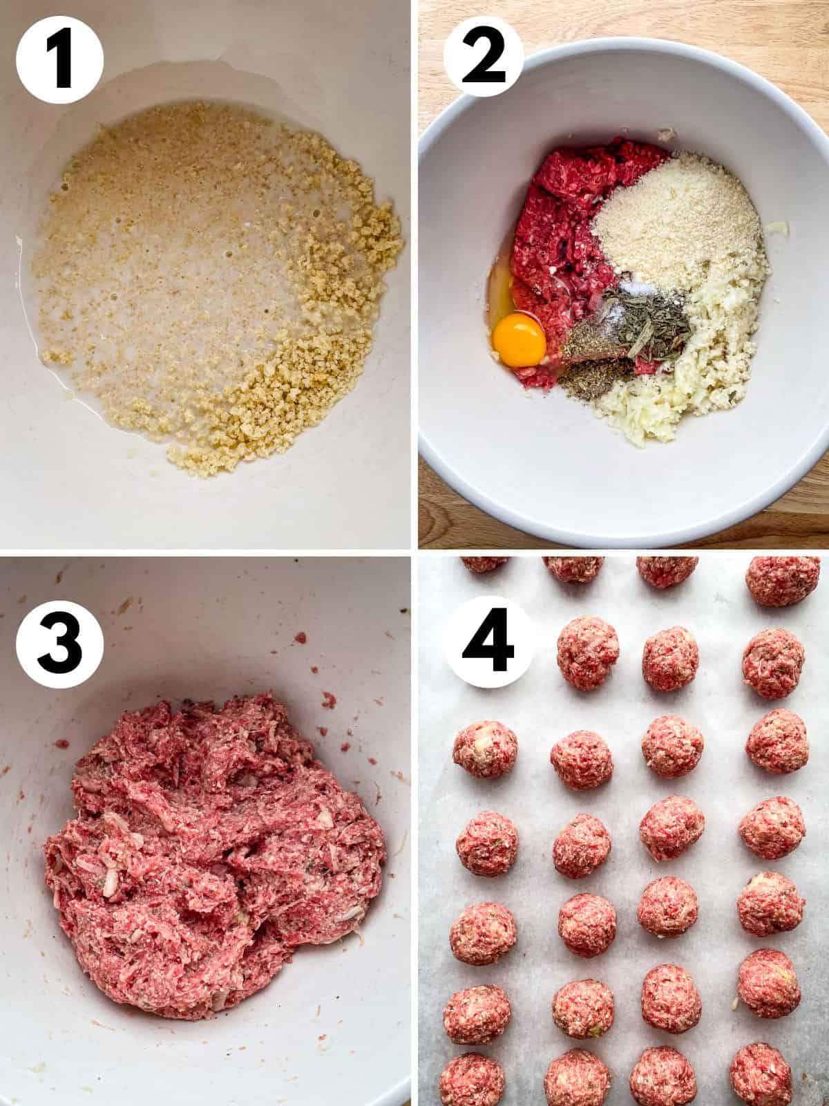 Steps for making air fryer meatballs. 1. Soaking breadcrumbs in milk. 2. Ingredients in a mixing bowl. 3. Meatballs mixture in a bowl. 4. Shaped meatballs on a baking sheet.