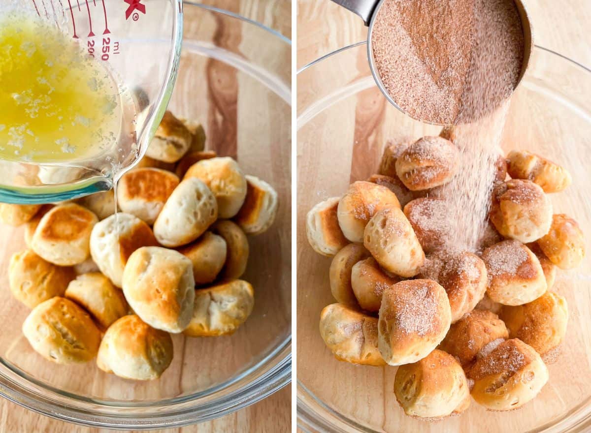 (left) Pouring butter on biscuit pieces. (right) Pouring cinnamon sugar on biscuit pieces.