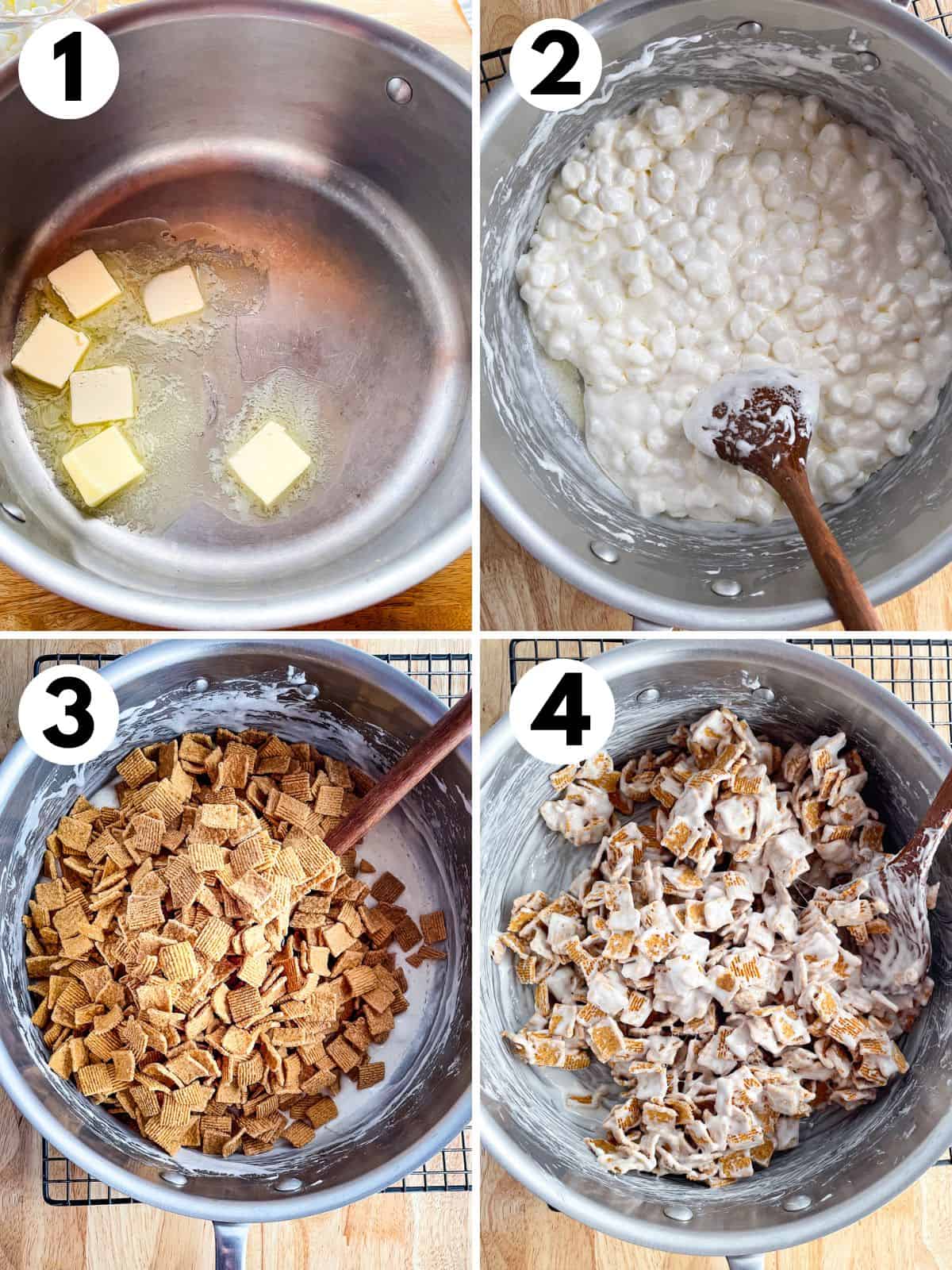 Steps for making golden grahams s'more bars. 1. Melting butter. 2. Melting marshmallows. 3. Adding graham cereal to the pot. 4. Coating the cereal with the melted marshmallows.