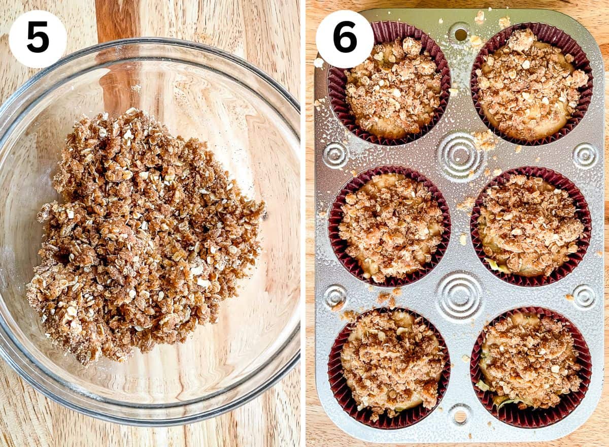 Left: crumb topping in a bowl. Right: Zucchini crumb muffins in a pan.