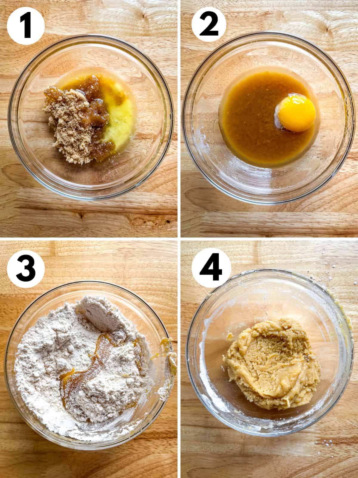 Steps one through four for making a small batch of chocolate chip cookie dough. 1. Butter and brown sugar in a small glass bowl. 2. Adding egg yolk. 3. Adding flour. 4. The dough mixed.