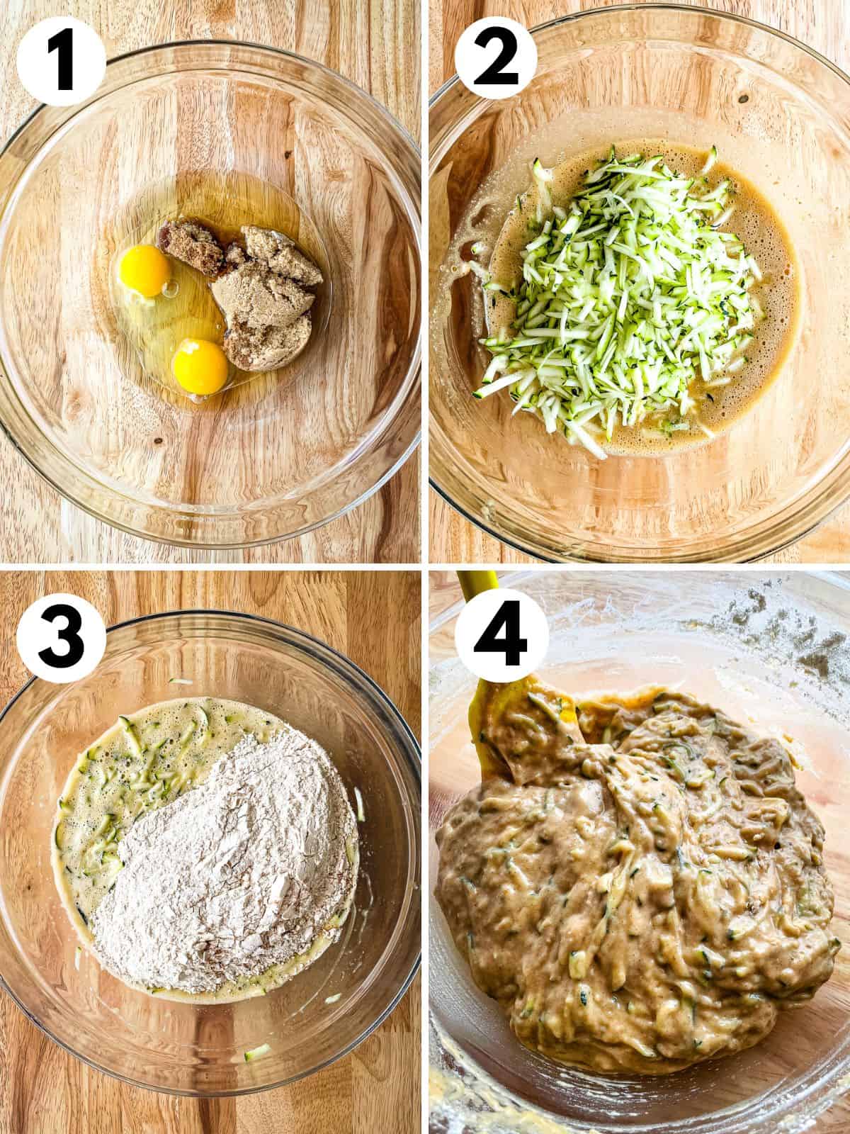 Steps one through four for making zucchini crumb muffins batter. 1. Mixing the eggs, oil, brown sugar, and vanilla extract. 2. Adding the shredded zucchini. 3. Stir in the dry ingredients. 4. The batter in the bowl.