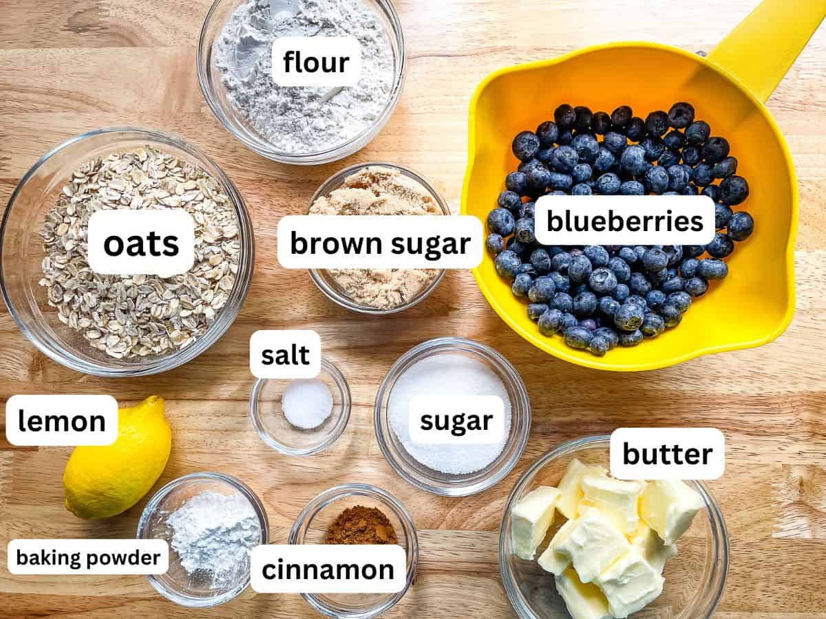 Ingredients for blueberry crumb bars on the counter. Each ingredient has been measured except the whole lemon.