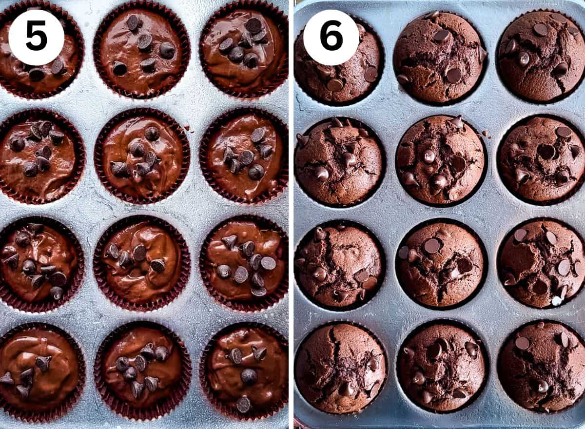 (left) Chocolate muffin batter in the pan. (right) Baked chocolate muffins.