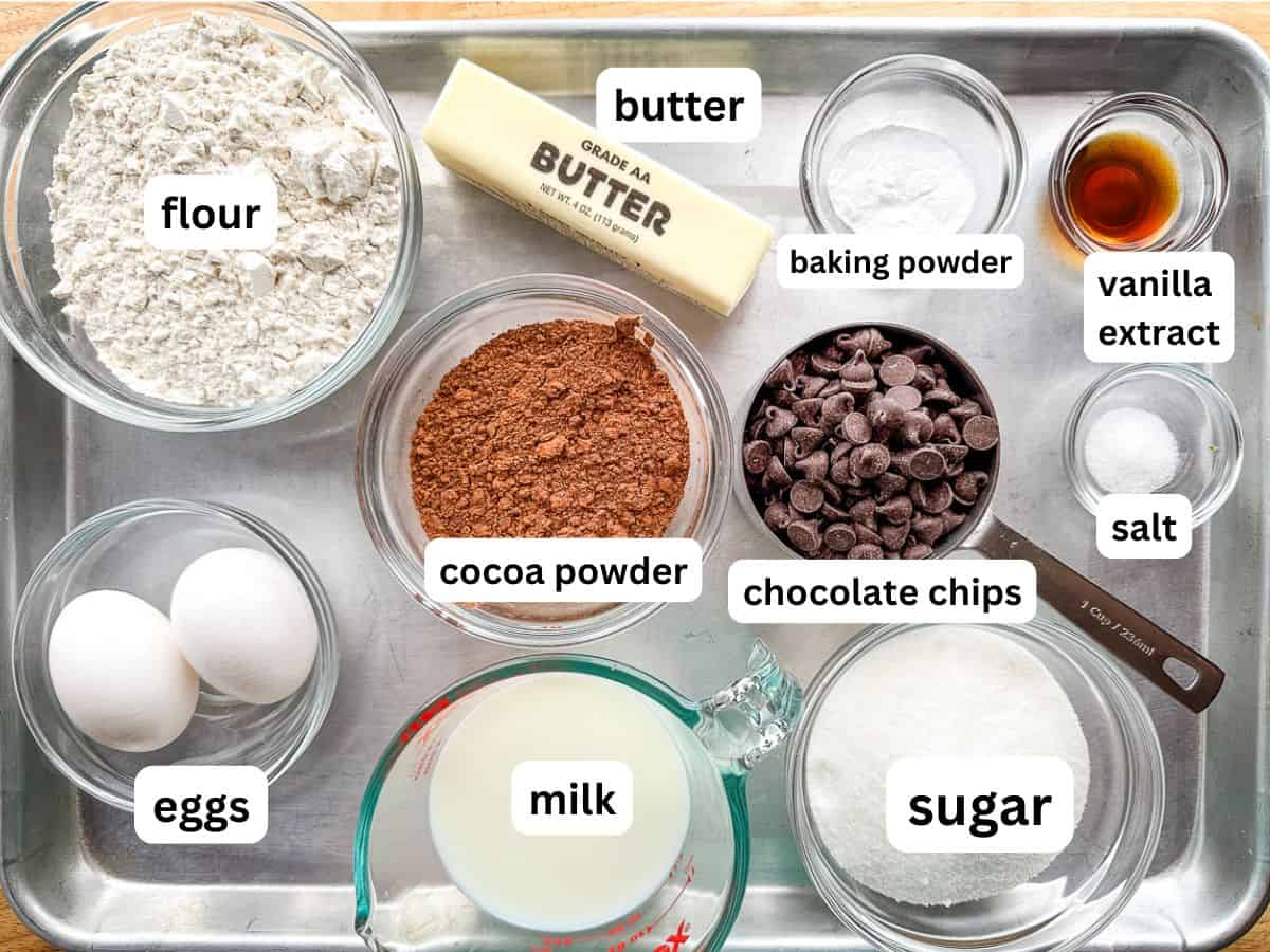 Ingredients for chocolate muffins on a baking sheet. The ingredients are measured.