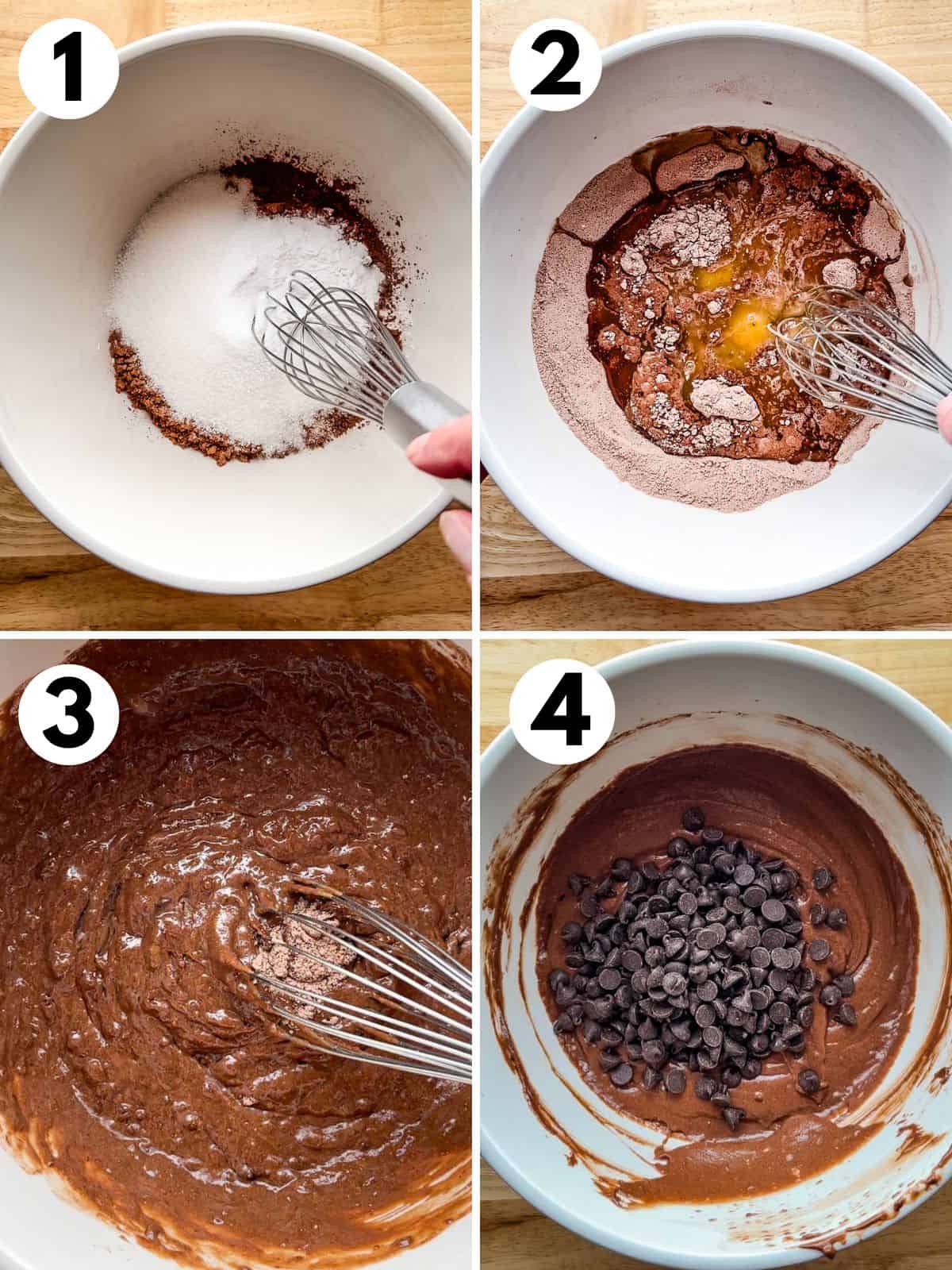 The steps for mixing chocolate muffin batter. 1. Whisking the dry ingredients. 2. Adding wet ingredients. 3. The mixed batter. 4. Stirring in chocolate chips.