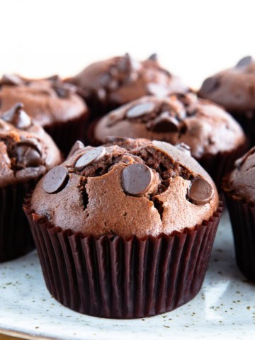 Chocolate muffin on a plate. The muffin is topped with chocolate chips.