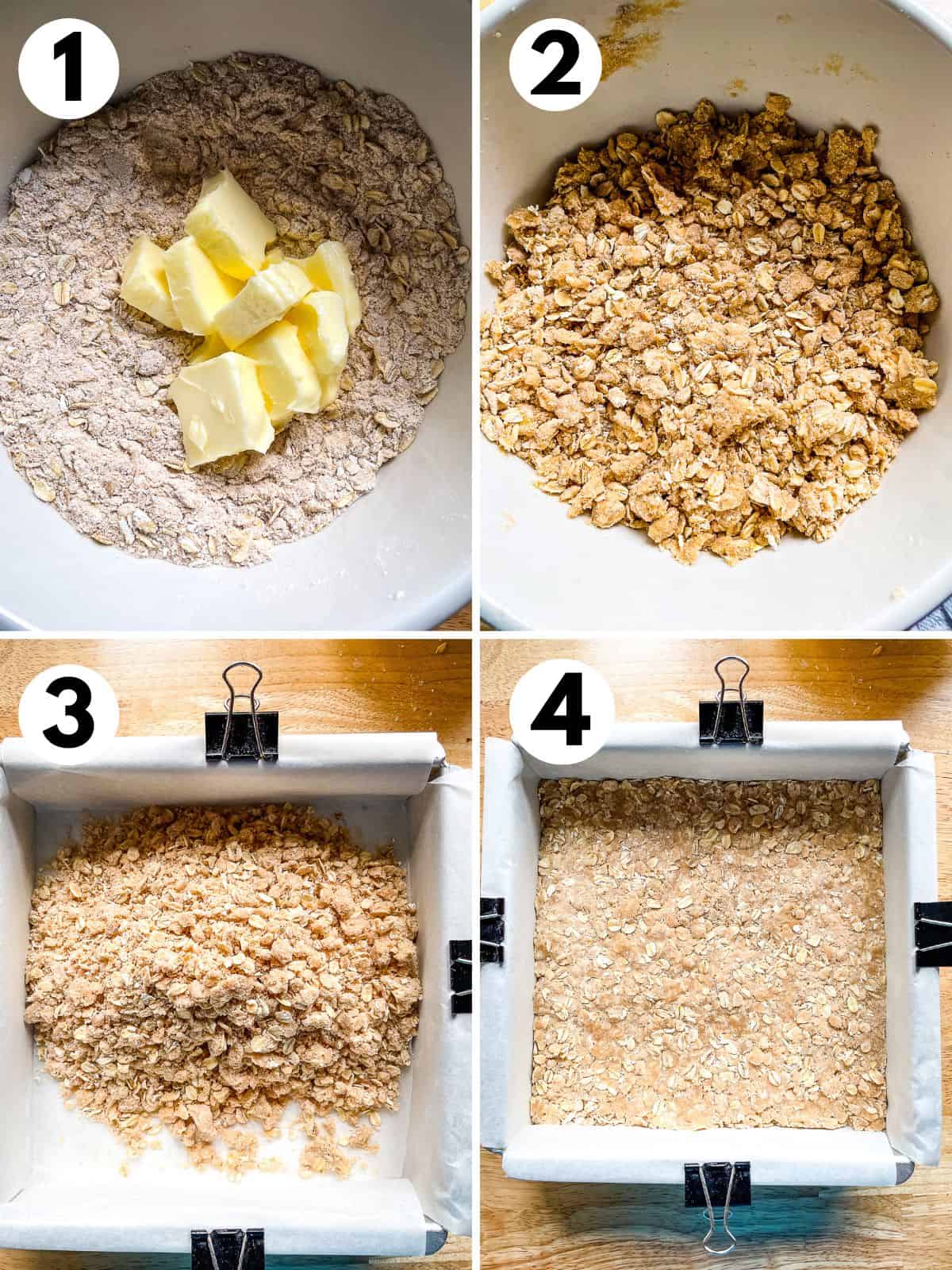 1. Butter slices sit on top of the dry ingredients for the crust and topping. 2. The crumb filling and topping is in a bowl. 3. Half the oat mixture is piled into a square pan. Binder clips hold the parchment paper in place. 4. The oat mixture is pressed evenly into the pan.