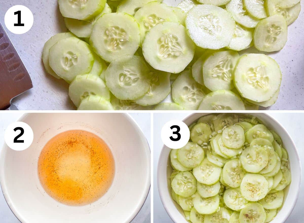 Steps for making a cucumber salad. 1. Sliced cucumbers on a cutting board. 2. Dressing in a bowl. 3. Cucumber salad in a bowl.