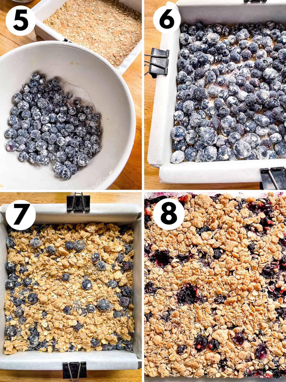 5. The blueberry filling sits in a large mixing mixing bowl. The pan with the crust is sitting behind the bowl. 6. The blueberry filling is in the pan. 7. The oat topping is spread over the blueberries. 8. A closeup of the baked bars. They are uncut.