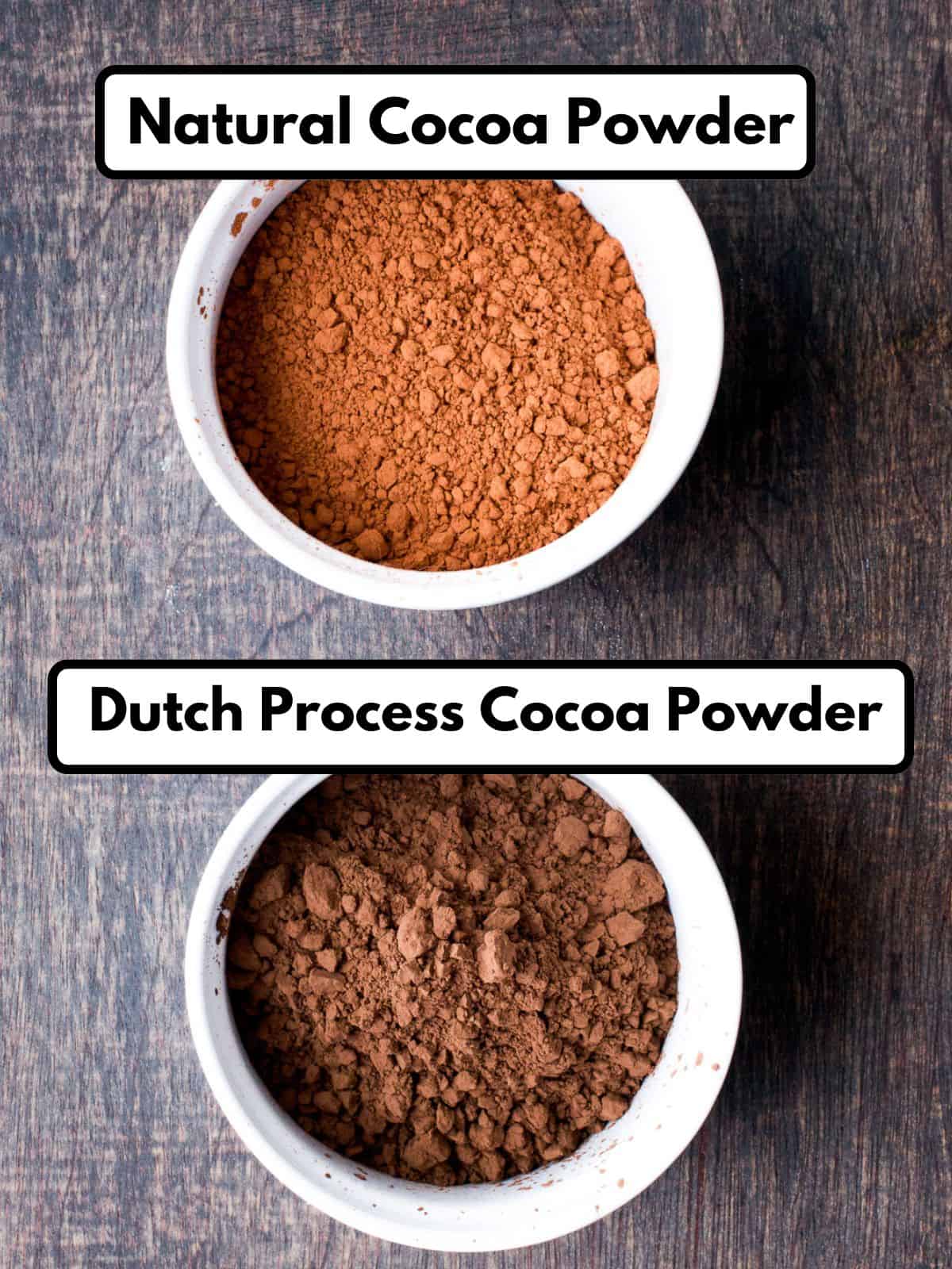 Two bowls of cocoa powder. Natural cocoa powder is in the top bowl. It's a brown-reddish color. The Dutch process cocoa powder is in the bowl below it. The color is a dark brown. 