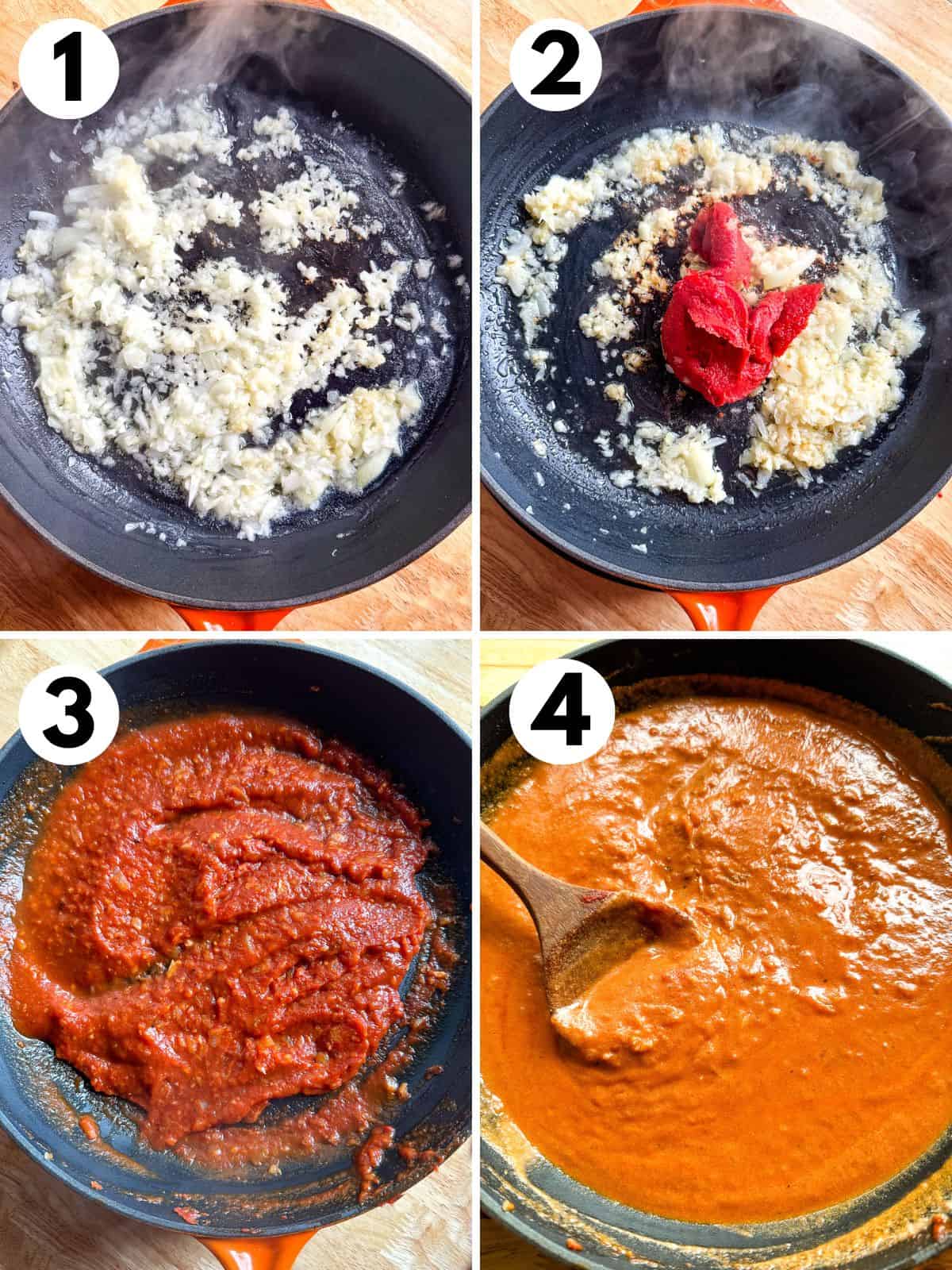 1. Cooking onions and garlic. 2. Adding tomato paste. 3. Cooked tomato paste with chicken broth added. 4. Tomato cream sauce with heavy cream stirred into it.