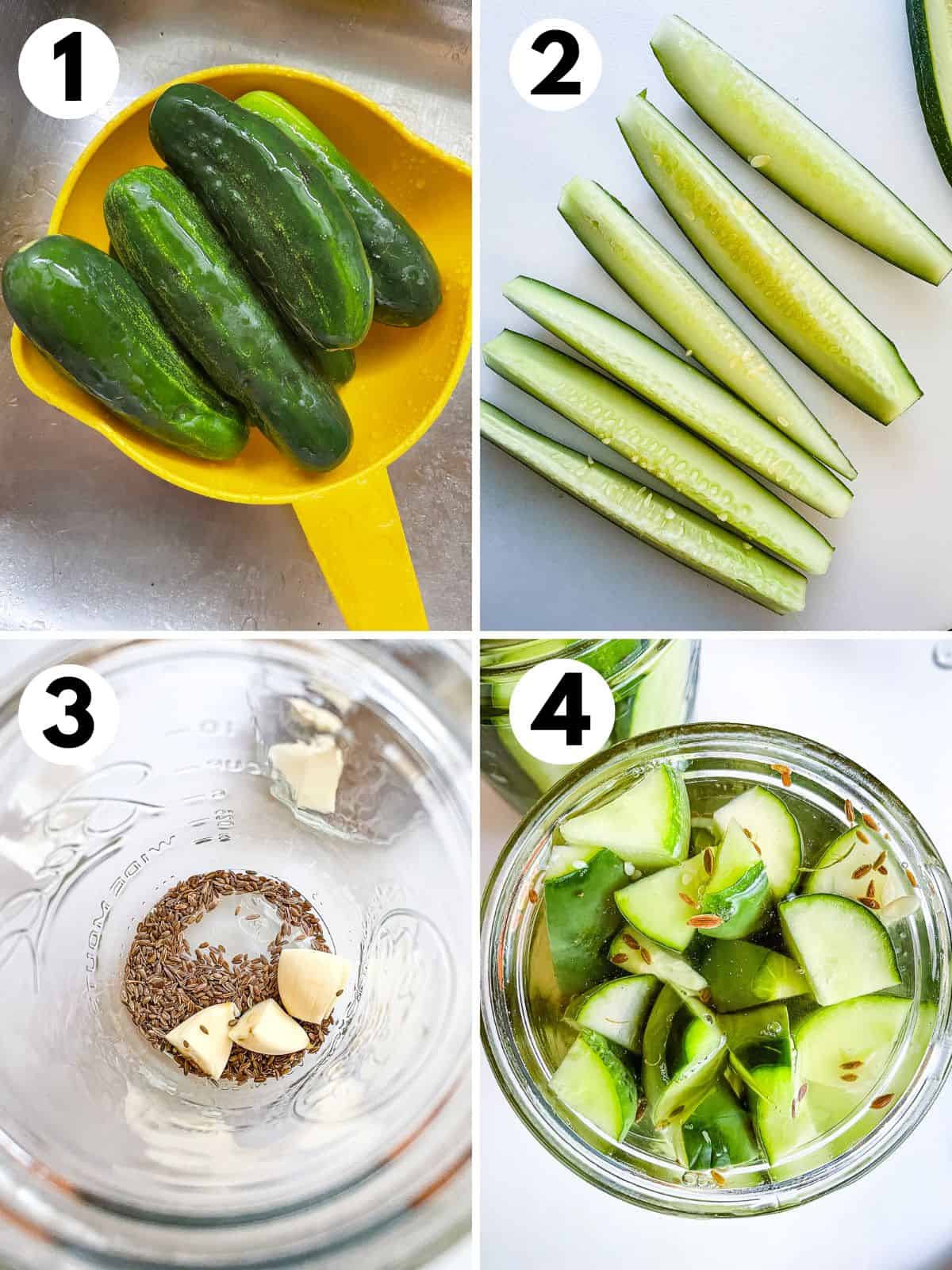 The four steps for making refrigerator pickles. 1. Washed cucumbers in a yellow colander. 2. Cucumbers cut into spears. 3. Dill seed and garlic in a canning jar. 4. Pickle spears and brine in the canning jar.